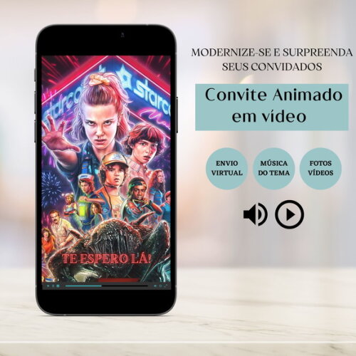 Convite em Vídeo Digital Animado Stranger Things Aniversário