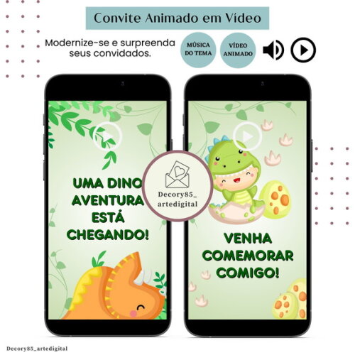 Convite em Vídeo Dino Baby Animado com Música Digital