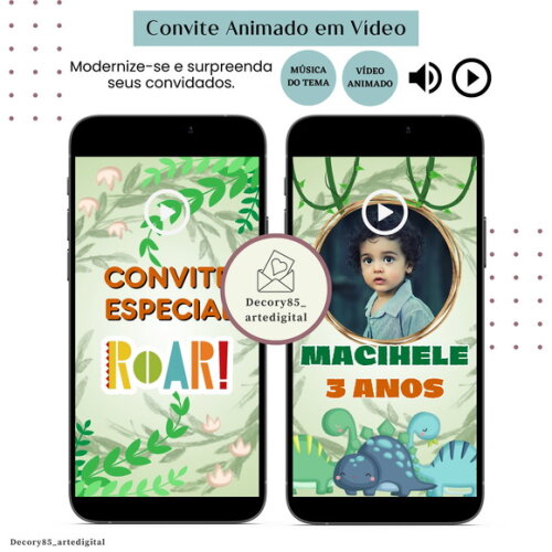 Convite em Vídeo Dino Baby Animado com Música Digital