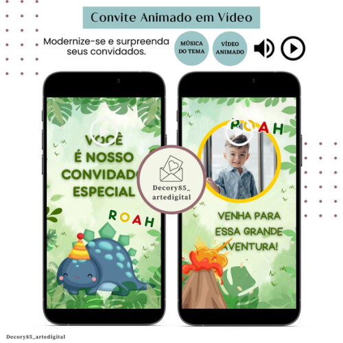Convite em Vídeo Dino Baby Animado com Música Digital