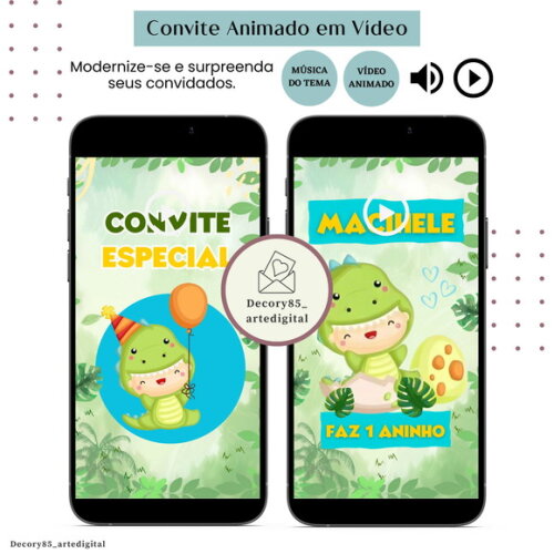Convite em Vídeo Dino Baby Animado com Música Digital