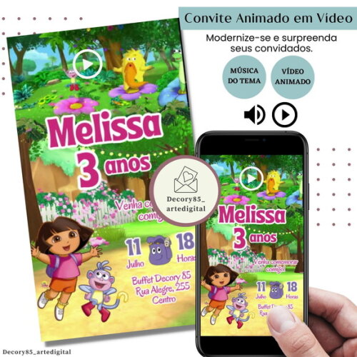 Convite em Vídeo Dora, a Aventureira Animado Música Digital
