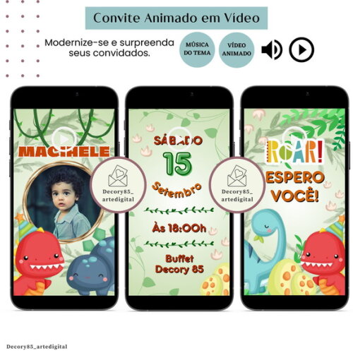 Convite em Vídeo Dino Baby Animado com Música Digital