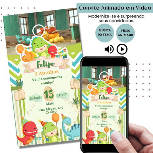 Convite em Vídeo Dino Baby Animado com Música Digital