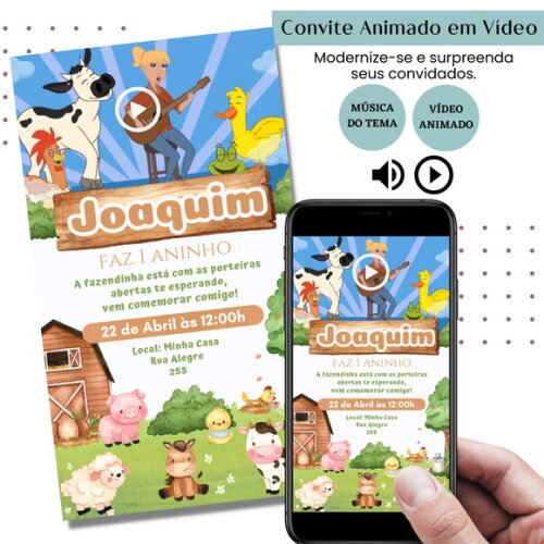 Convite em Vídeo Fazendinha Animado com Música Digital