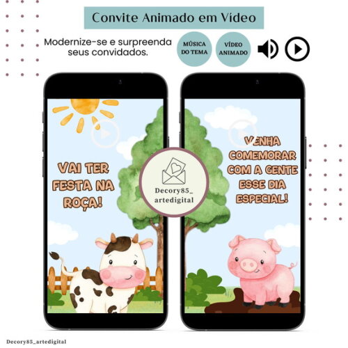 Convite em Vídeo Fazendinha Animado com Música Digital