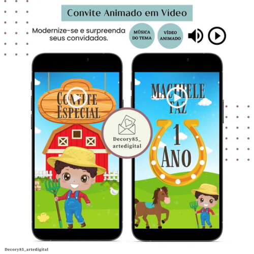 Convite em Vídeo Fazendinha Menino Animado Música Digital