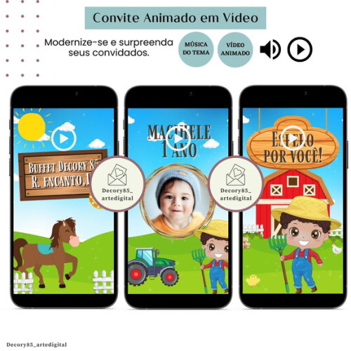 Convite em Vídeo Fazendinha Menino Animado Música Digital