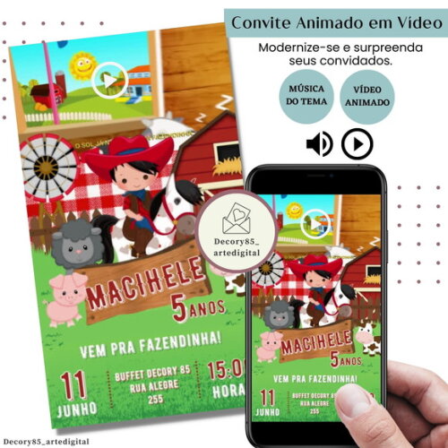Convite em Vídeo Fazendinha Menino Animado Música Digital