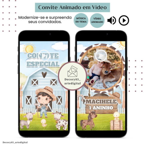 Convite em Vídeo Fazendinha Menino Animado Música Digital