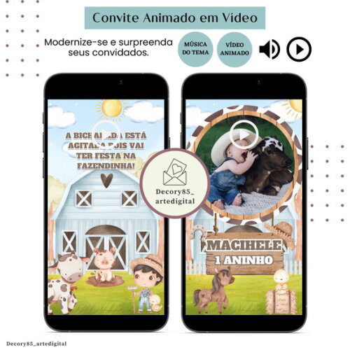 Convite em Vídeo Fazendinha Menino Animado Música Digital