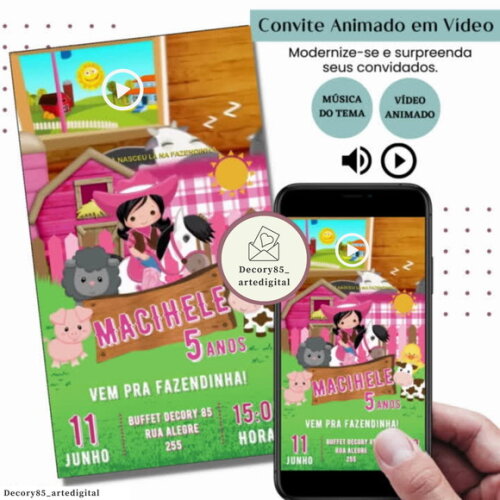 Convite em Vídeo Fazendinha Rosa Animado com Música Digital