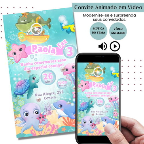 Convite em Vídeo Fundo do Mar Animado com Música Digital