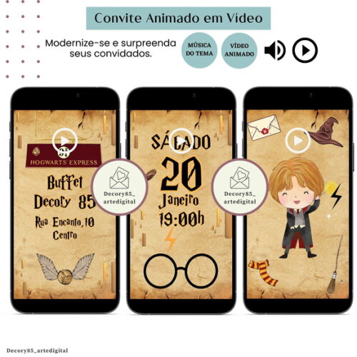 Convite em Vídeo Harry Potter Animado com Música Digital