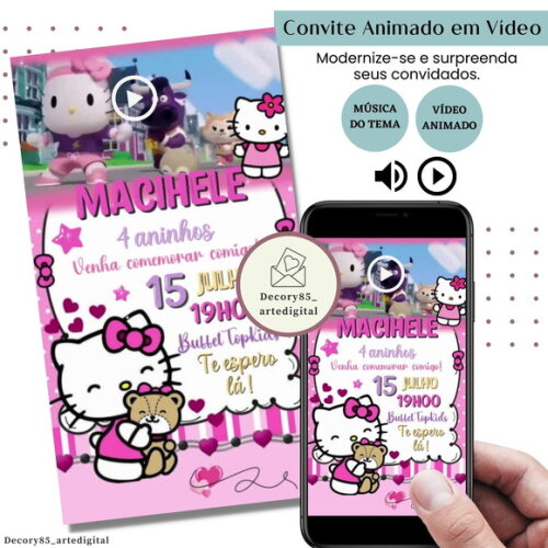 Convite em Vídeo Hello Kitty Animado com Música Digital