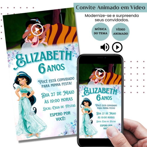 Convite em Vídeo Jasmine Aladdin Animado com Música Digital