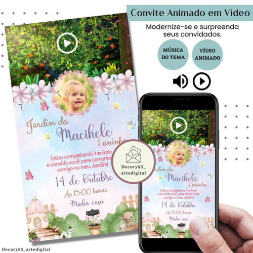 Convite em Vídeo Jardim Encantado Animado com Música Digital