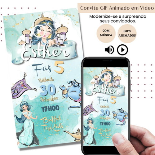 Convite em Vídeo Jasmine Aladdin Animado Gif Música Digital