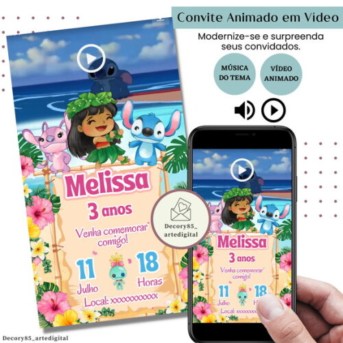 Convite em Vídeo Lilo & Stitch Animado com Música Digital