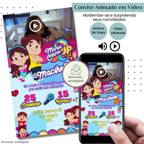 Convite em Vídeo Maria Clara e Jp Animado com Música Digital