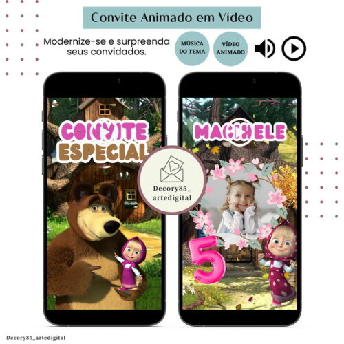 Convite em Vídeo Marsha e o Urso Animado com Música Digital