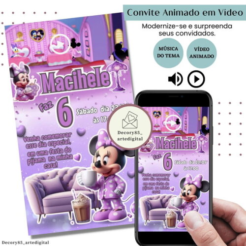 Convite em Vídeo Minnie Festa do Pijama Animado Música