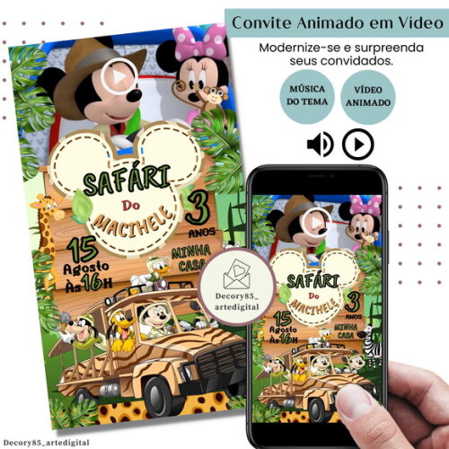 Convite em Vídeo Mickey Safari Digital Animado com Música