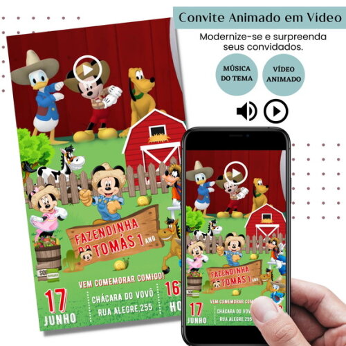 Convite em Vídeo Mickey Fazendeiro Animado com Música