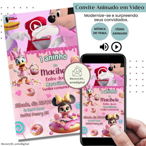 Convite em Vídeo Minnie Confeitaria Animado Música Digital