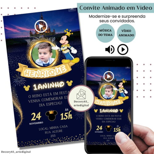 Convite em Vídeo Mickey Realeza Digital Animado com Música