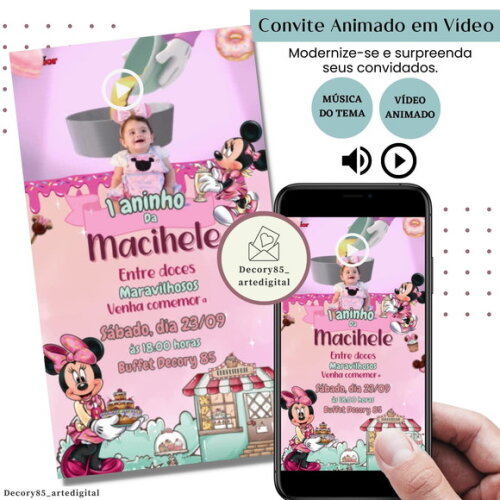 Convite em Vídeo Minnie Confeitaria Animado Música Digital