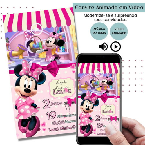 Convite em Vídeo Minnie Rosa Animado com Música Digital