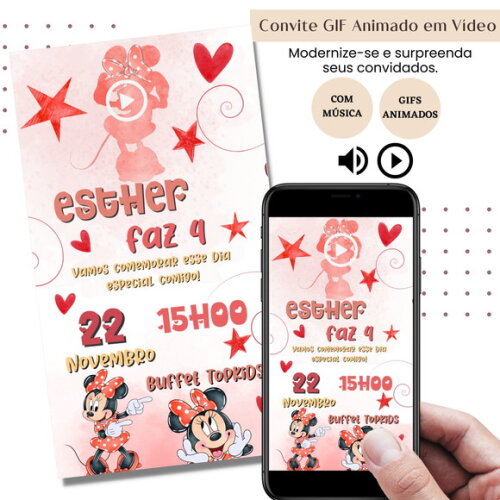 Convite em Vídeo Minnie Vermelha Animado Gif Música Digital