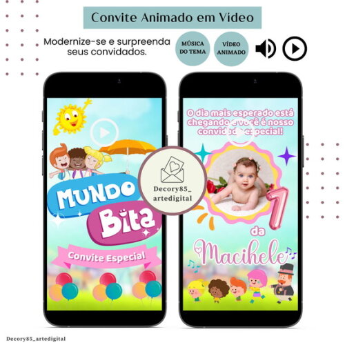 Convite em Vídeo Mundo Bita Animado com Música Digital