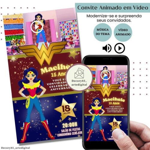 Convite em Vídeo Mulher-maravilha Animado com Música Digital