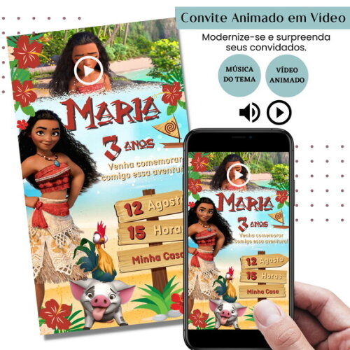 Convite em Vídeo Moana Animado com Música Digital