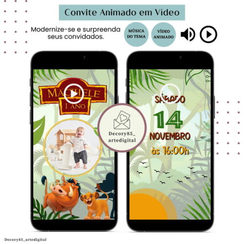Convite em Vídeo o Rei Leão Simba Animado com Música Digital