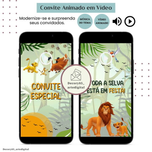 Convite em Vídeo o Rei Leão Simba Animado com Música Digital
