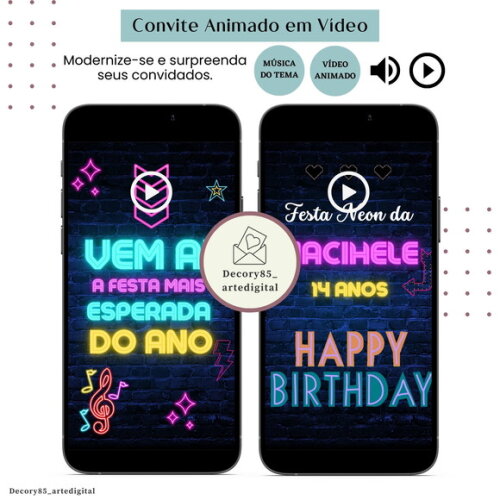 Convite em Vídeo Neon Balada Animado com Música Digital