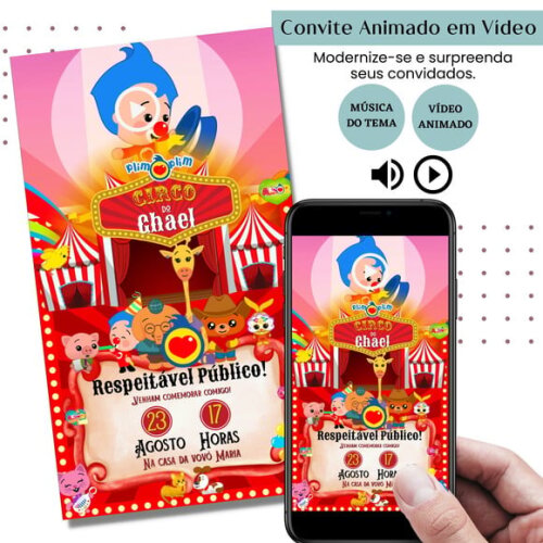 Convite em Vídeo Palhaço Plim Plim Animado com Música