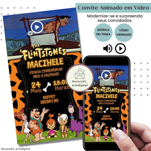 Convite em Vídeo os Flintstones Animado com Música Digital
