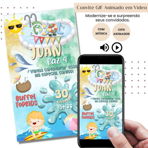 Convite em Vídeo Pool Party Animado Gif com Música Digital