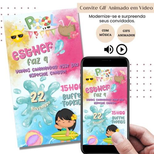 Convite em Vídeo Pool Party Animado Gif com Música Digital