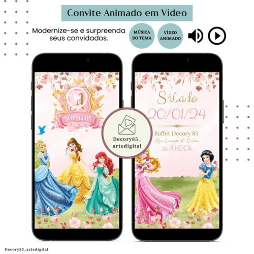 Convite em Vídeo Princesas Reino Encantado Animado Música