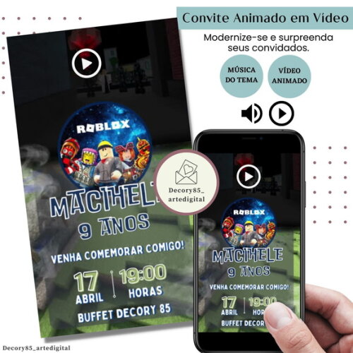Convite em Vídeo Roblox Animado com Música Digital