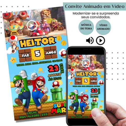 Convite em Vídeo Super Mario Bros Animado com Música Digital