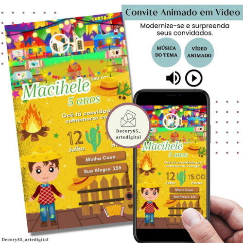 Convite em Vídeo São João Arraiá Animado com Música Digital