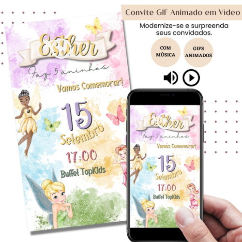 Convite em Vídeo Sininho Tinker Bell Gif Animado com Música