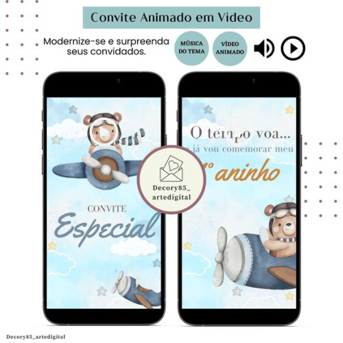Convite em Vídeo Ursinho Balão Animado com Música Digital