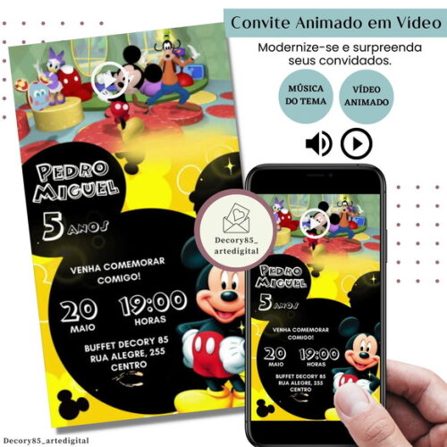 Convite em Vídeo Turma do Mickey Animado com Música Digital